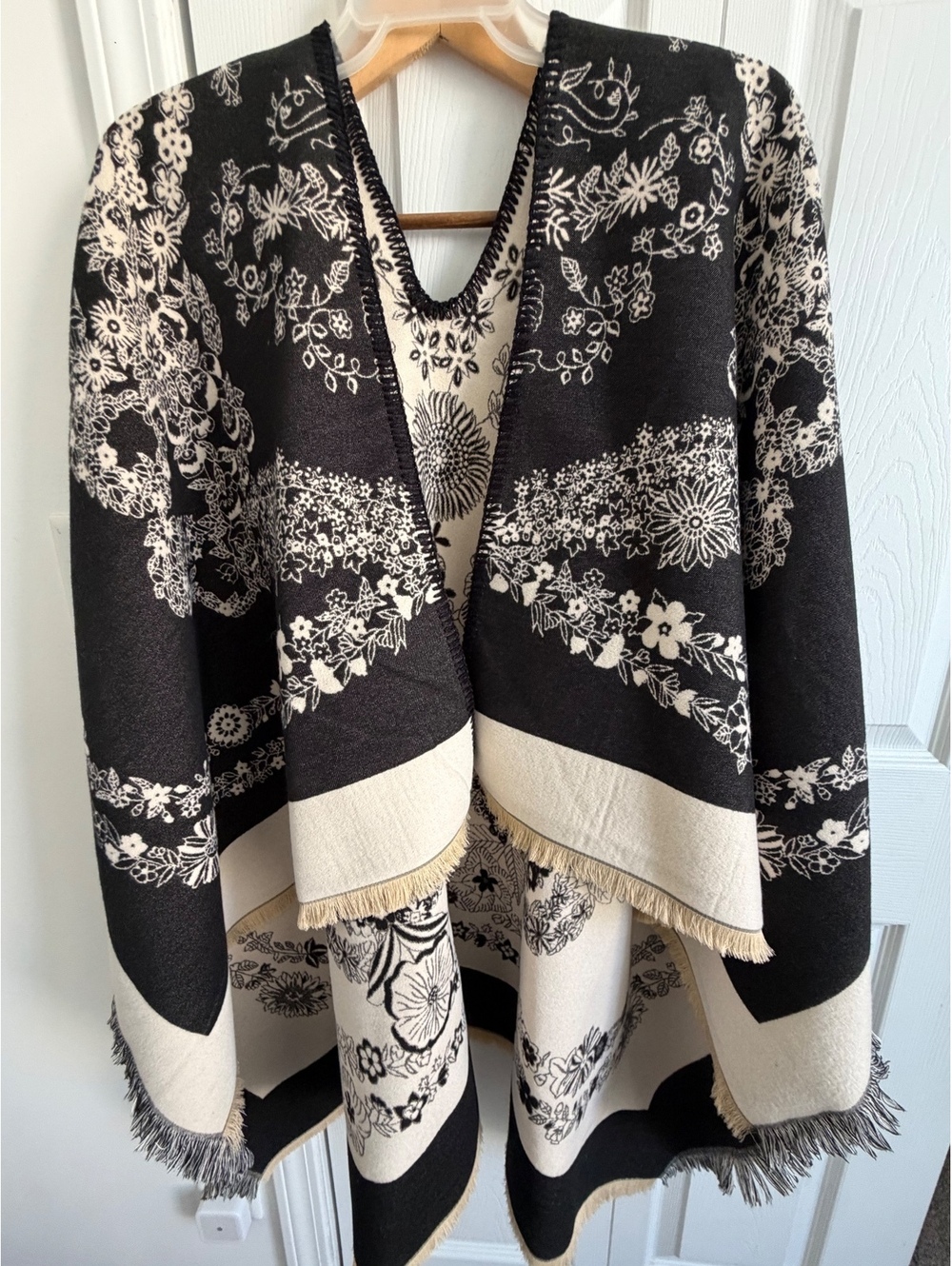 Black and Beige Floral Patterned Reversible Shawl Wrap with Fringe Trim
